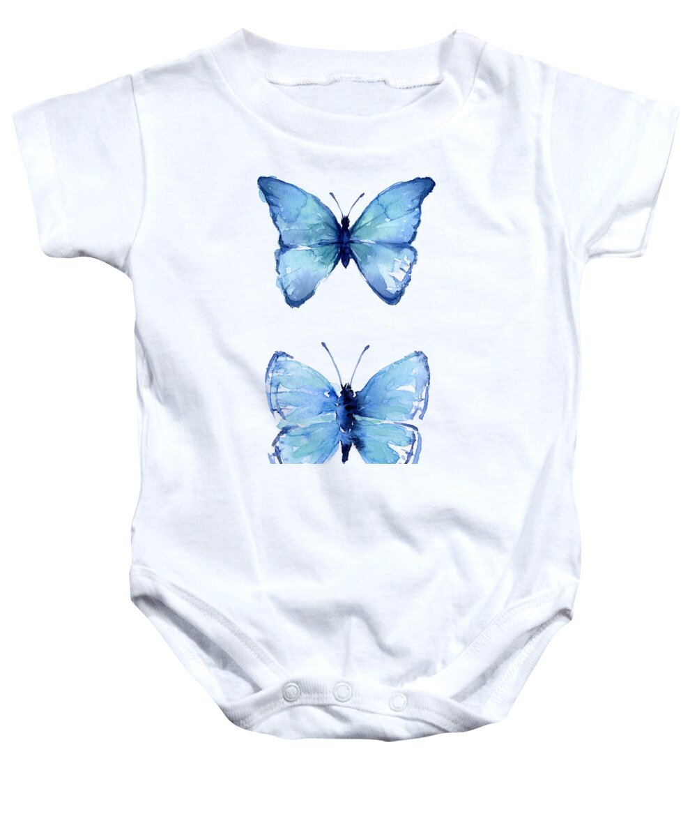 Watercolor Baby Onesie featuring the painting Two Blue Butterflies Watercolor by Olga Shvartsur