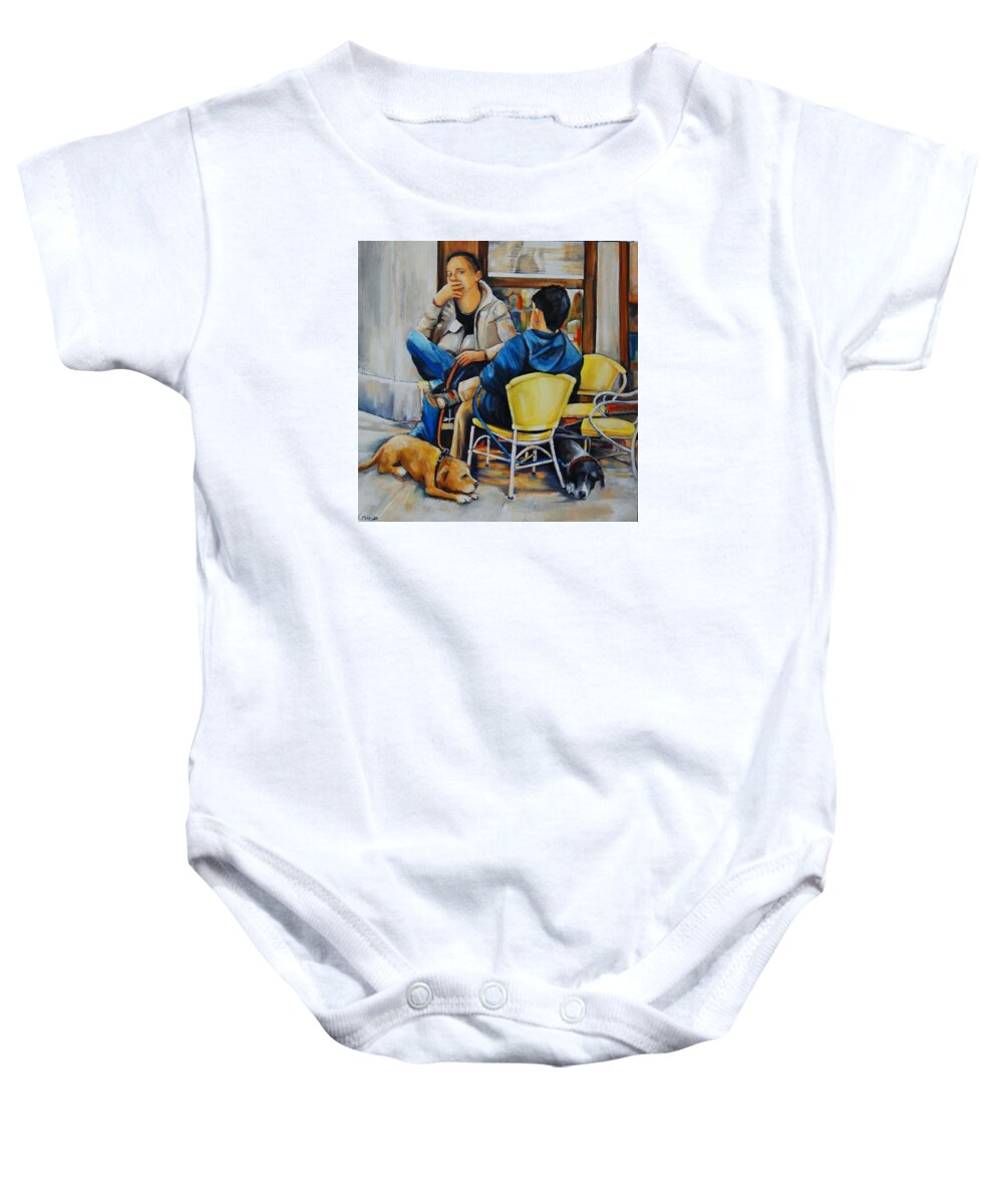 Cafe Baby Onesie featuring the painting Two Dogs Two Men by Jean Cormier