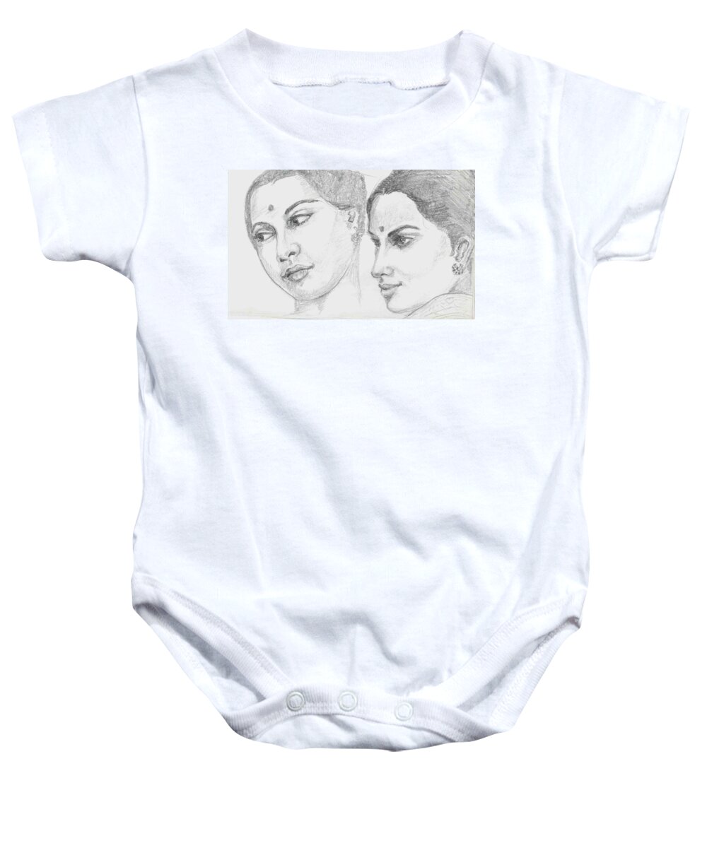 Sketch Of Indian Women Baby Onesie featuring the drawing Two Indian women by Asha Sudhaker Shenoy