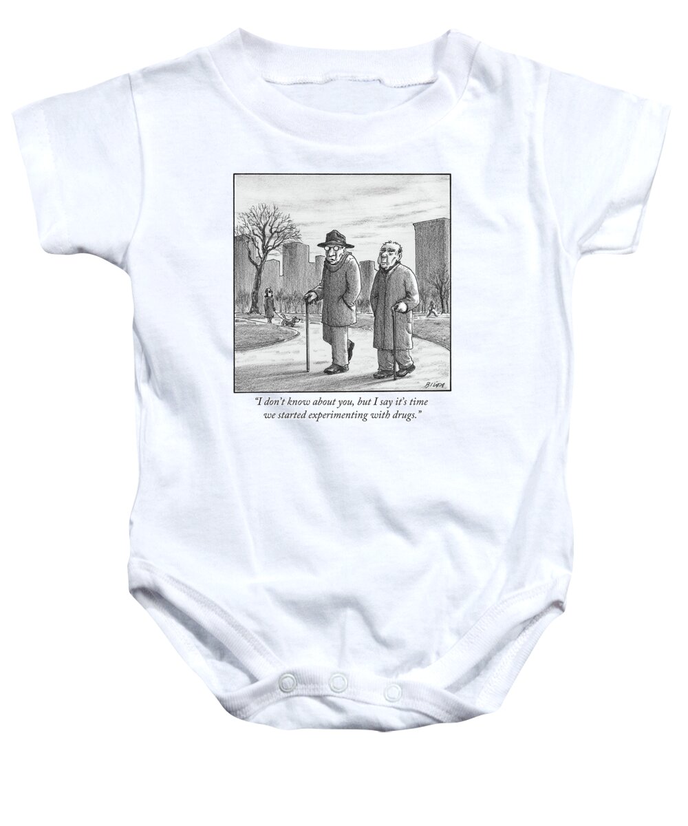 Cane Baby Onesie featuring the drawing Two older men walk with canes through a park. by Harry Bliss