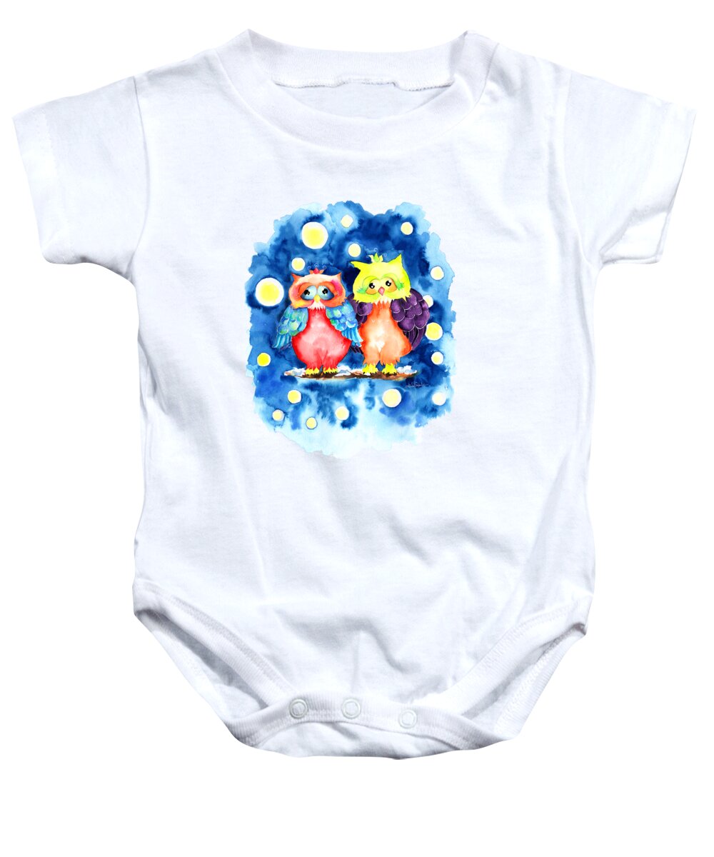 Bird Baby Onesie featuring the painting Two owls and a starry night by Isabel Salvador
