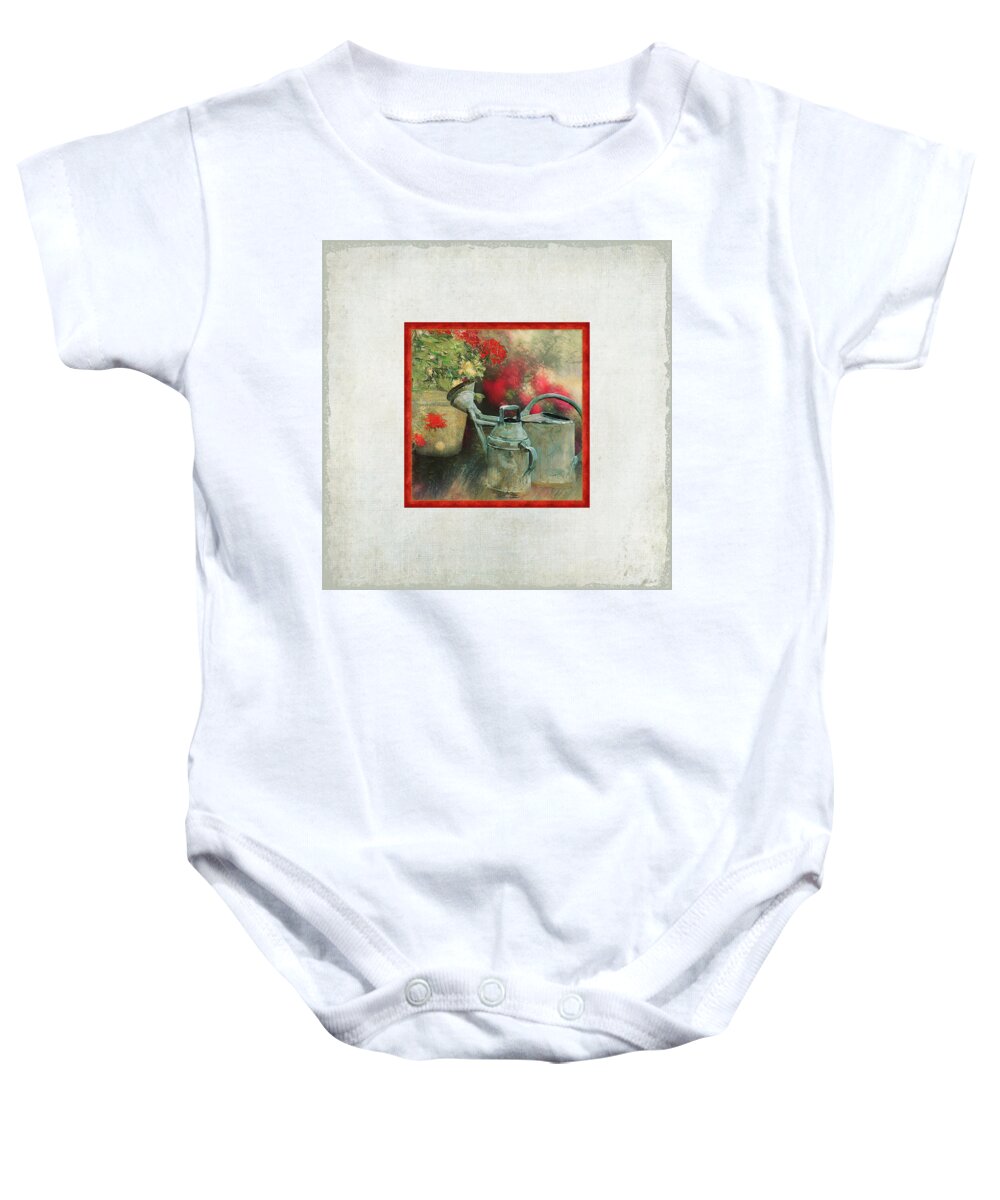 Old Masters Baby Onesie featuring the painting Two Watering Cans in the Garden by Audrey Jeanne Roberts