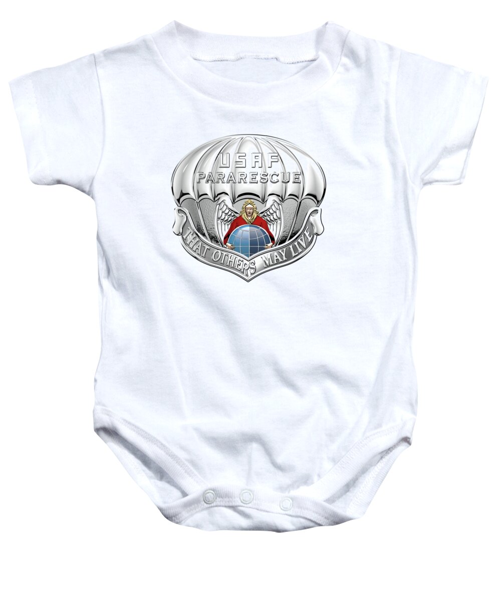 'military Insignia & Heraldry' Collection By Serge Averbukh Baby Onesie featuring the digital art U. S. Air Force Pararescuemen - P J Badge over White Leather by Serge Averbukh