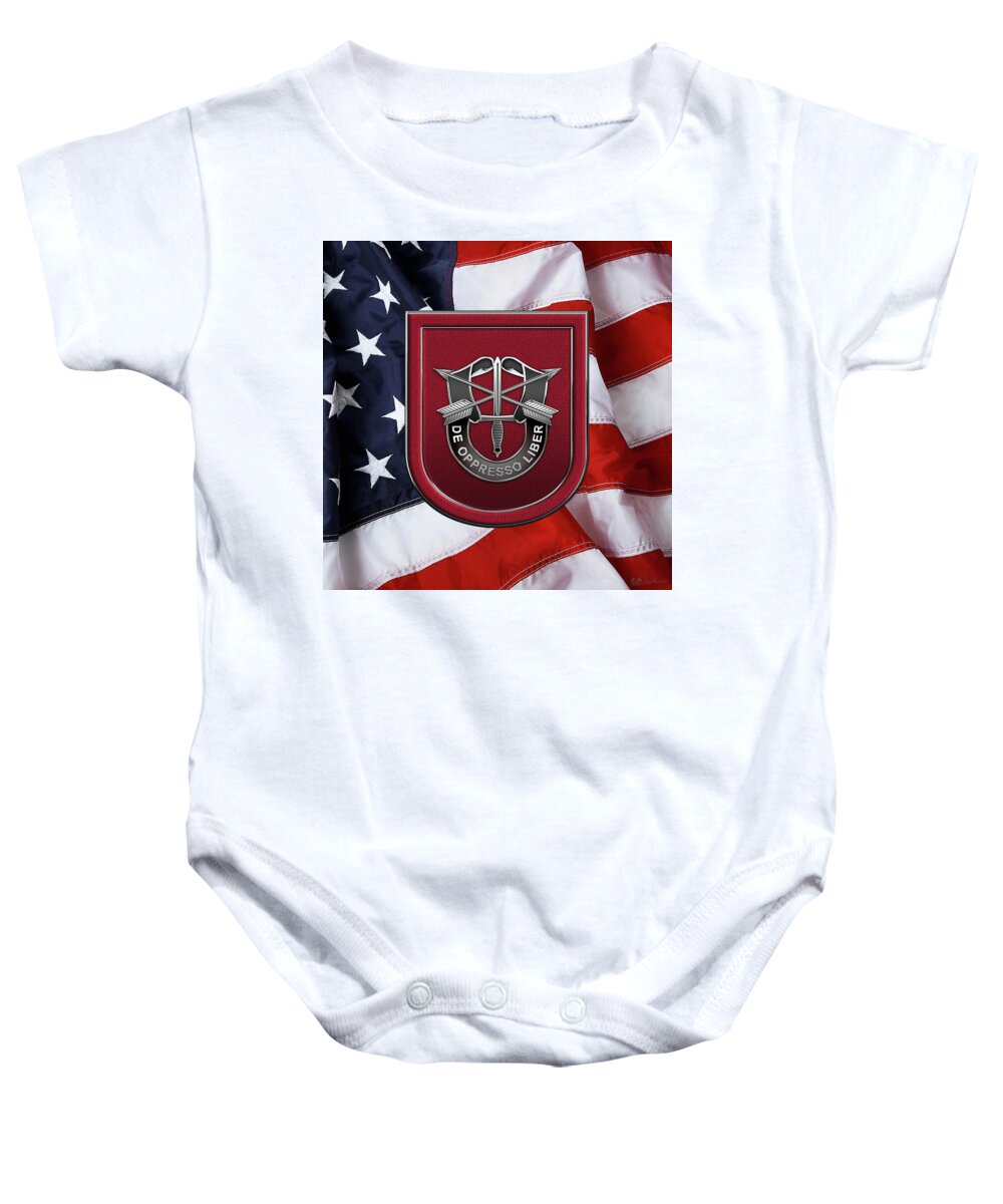 'u.s. Army Special Forces' Collection By Serge Averbukh Baby Onesie featuring the digital art U. S. Army 7th Special Forces Group - 7 S F G Beret Flash over American Flag by Serge Averbukh