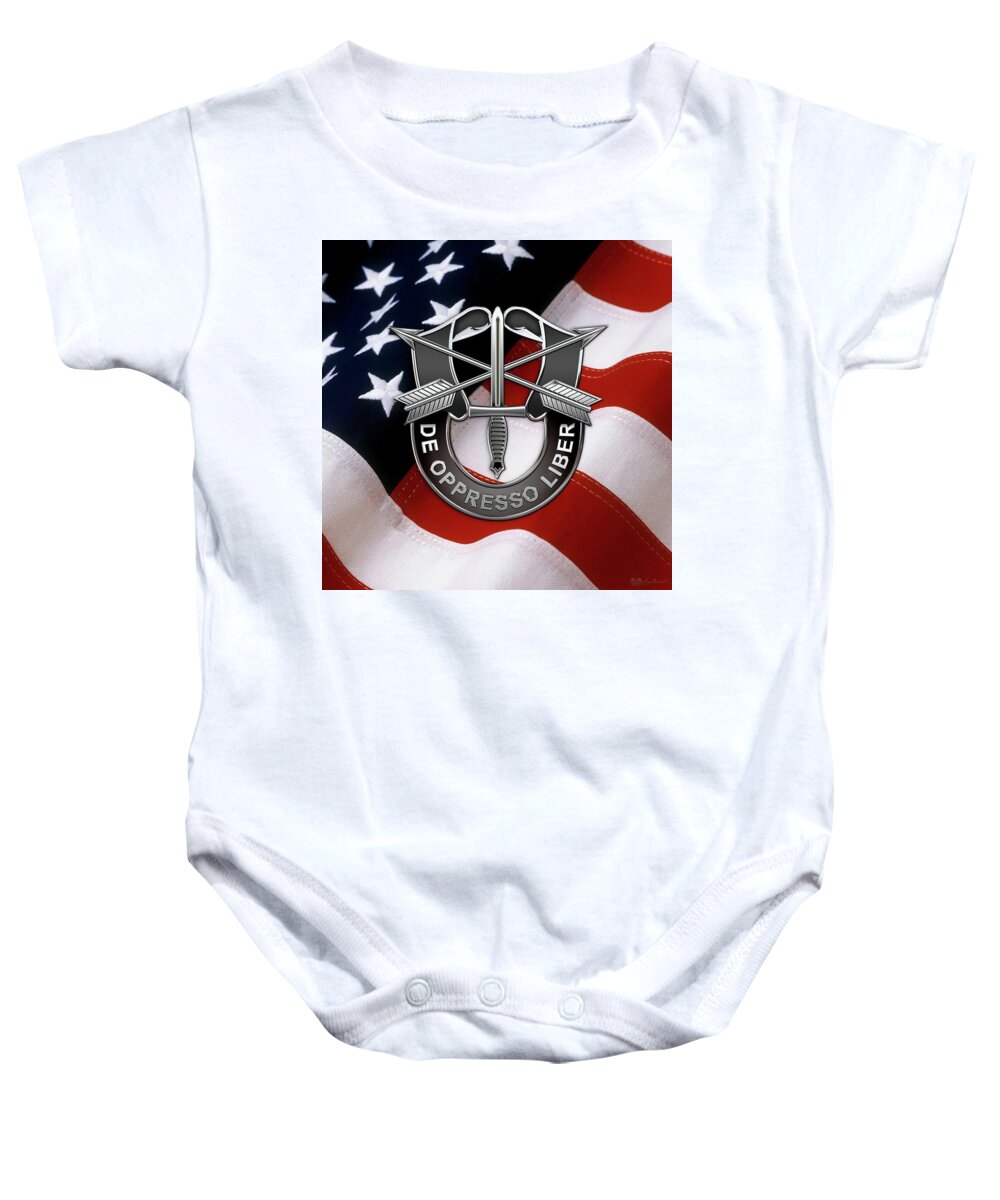 'military Insignia & Heraldry' Collection By Serge Averbukh Baby Onesie featuring the digital art U. S. Army Special Forces - Green Berets D U I over American Flag by Serge Averbukh