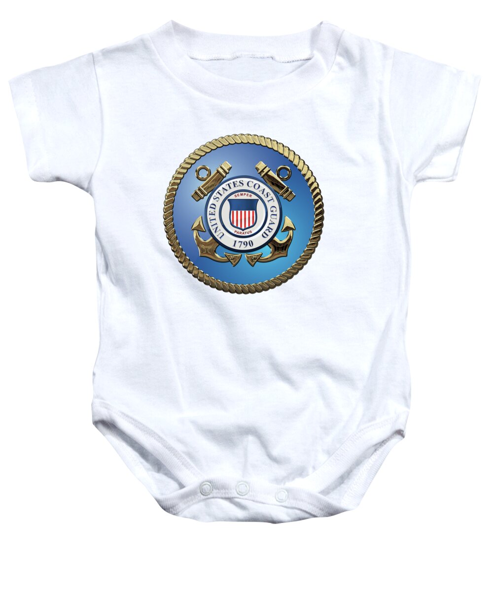 'military Insignia & Heraldry 3d' Collection By Serge Averbukh Baby Onesie featuring the digital art U. S. Coast Guard - U S C G Emblem over White Leather by Serge Averbukh