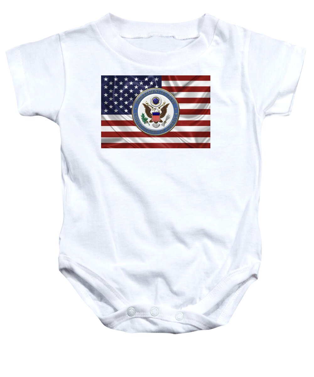 �insignia 3d� By Serge Averbukh Baby Onesie featuring the digital art U. S. Department of State - Emblem over American Flag by Serge Averbukh