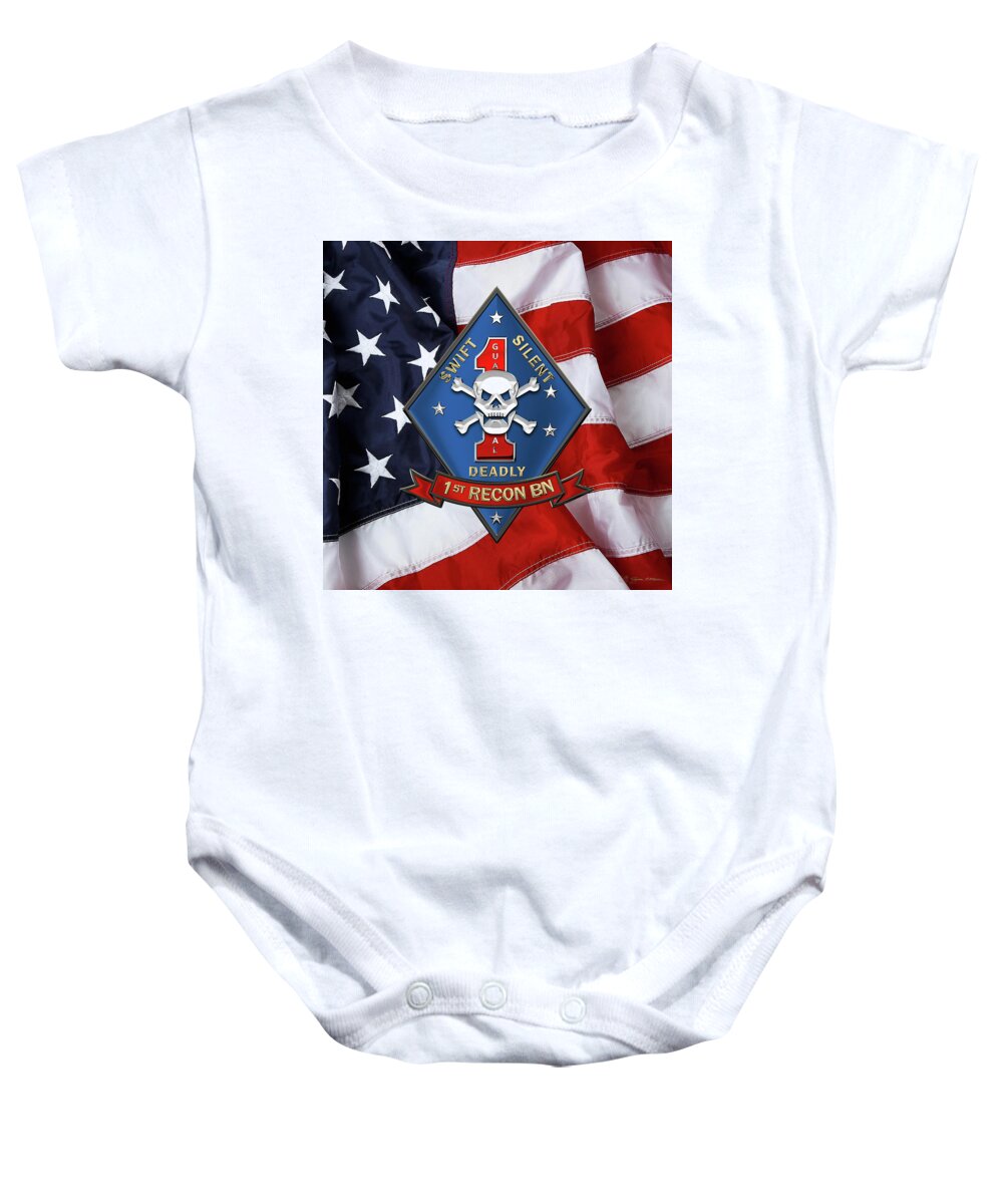'military Insignia & Heraldry' Collection By Serge Averbukh Baby Onesie featuring the digital art U S M C 1st Reconnaissance Battalion - 1st Recon Bn Insignia over American Flag by Serge Averbukh