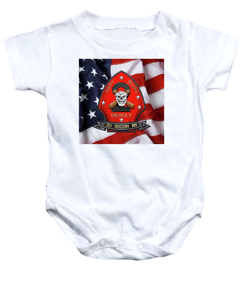 'military Insignia & Heraldry' Collection By Serge Averbukh Baby Onesie featuring the digital art U S M C 2nd Reconnaissance Battalion - 2nd Recon Bn Insignia over American Flag by Serge Averbukh