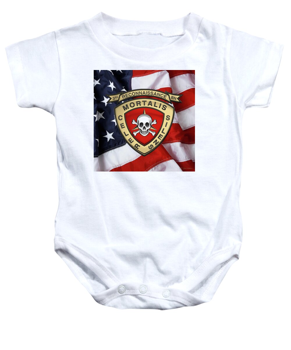 'military Insignia & Heraldry' Collection By Serge Averbukh Baby Onesie featuring the digital art U S M C 3rd Reconnaissance Battalion - 3rd Recon Bn Insignia over American Flag by Serge Averbukh