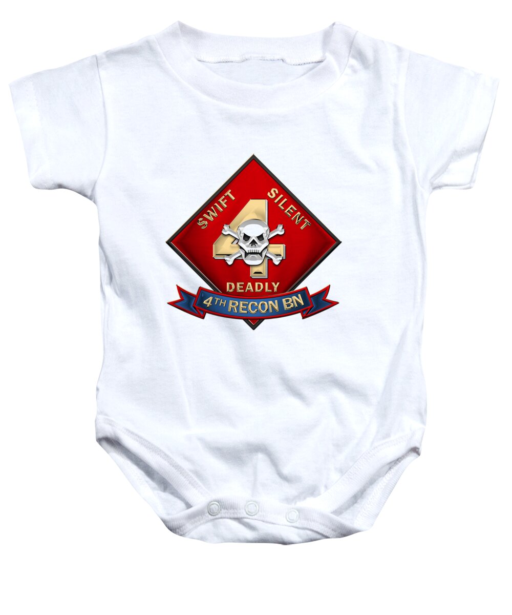'military Insignia & Heraldry' Collection By Serge Averbukh Baby Onesie featuring the digital art U S M C 4th Reconnaissance Battalion - 4th Recon Bn Insignia over White Leather by Serge Averbukh