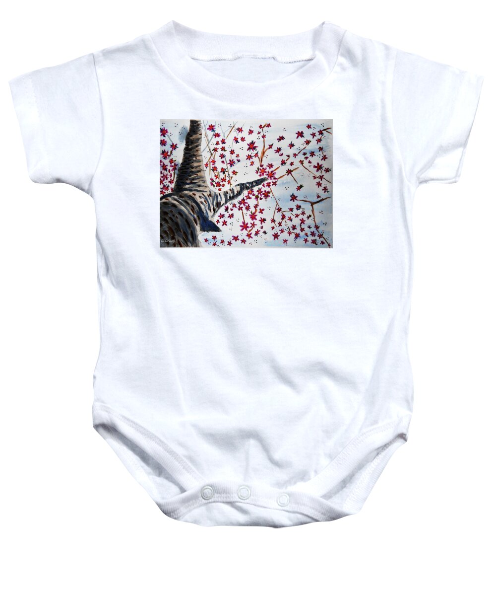 Cherry Blossom Baby Onesie featuring the painting Underneath the Cherry Blossoms by Carol Crisafi