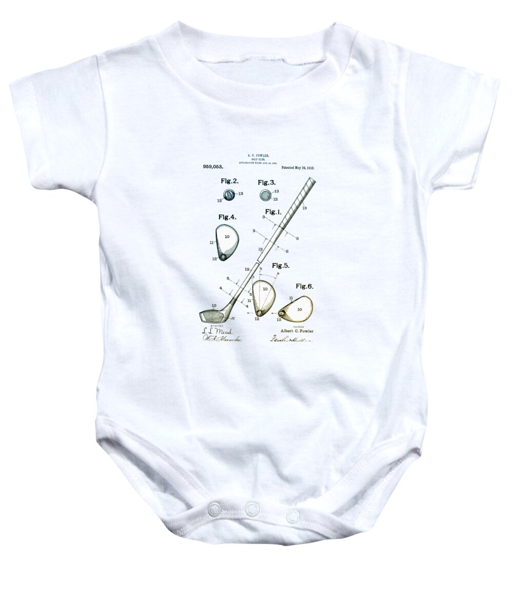 1910 Baby Onesie featuring the digital art Vintage 1910 Golf Club Patent by Bill Cannon