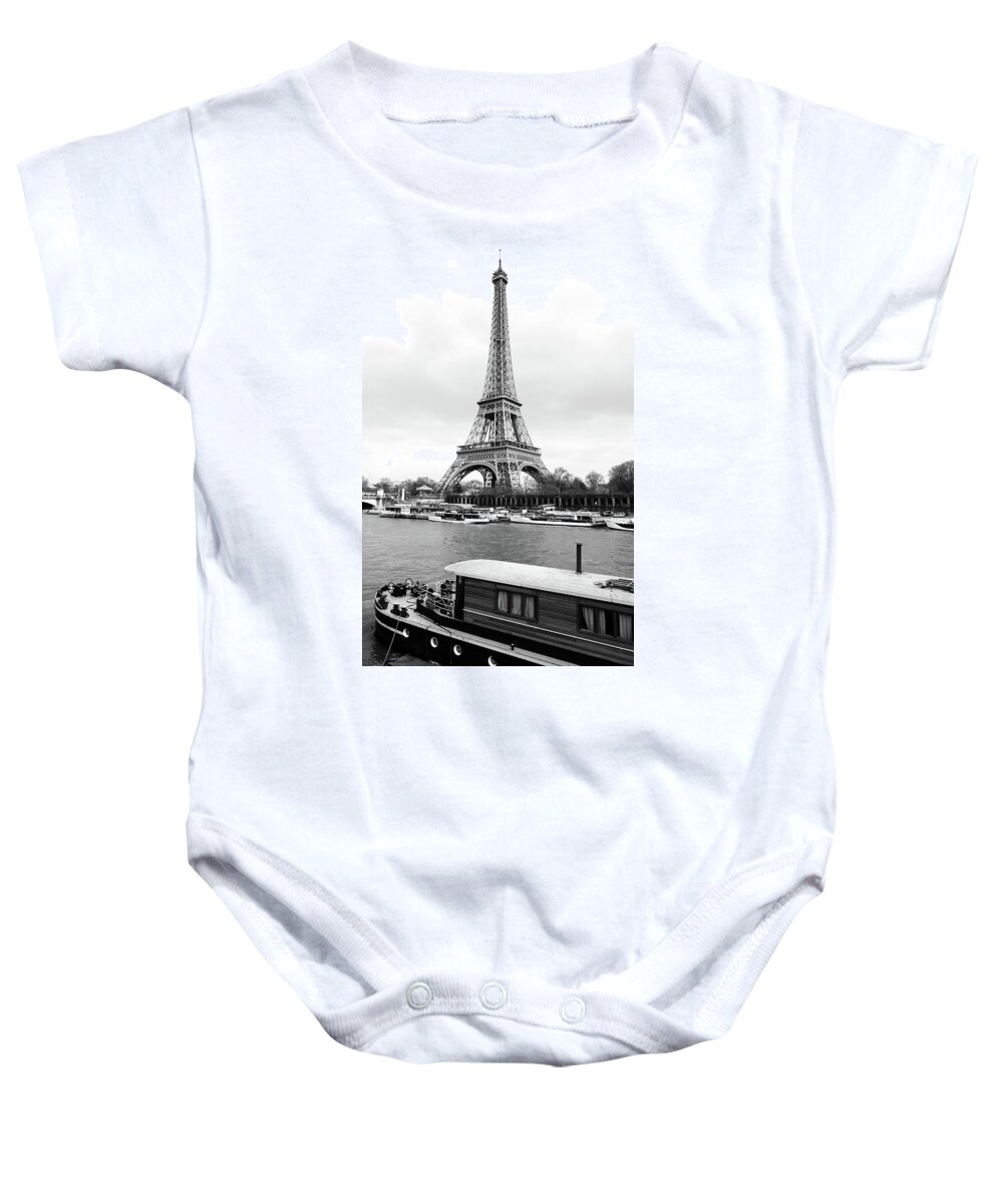 Travelpixpro Baby Onesie featuring the photograph Vintage Boat Moored on the Seine River beneath Eiffel Tower Paris France Black and White by Shawn O'Brien