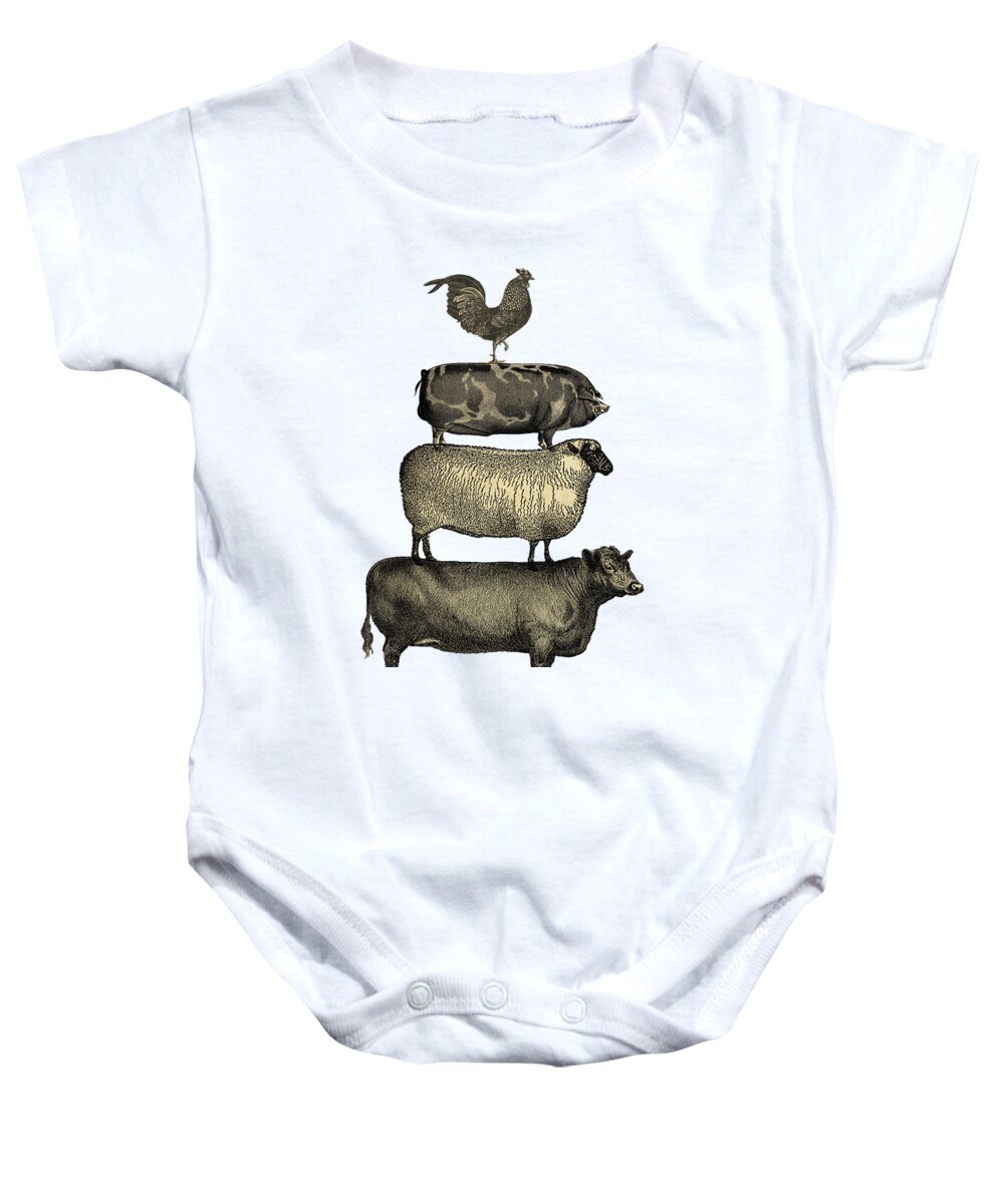 Cow Baby Onesie featuring the drawing Vintage Farm Animals Tee by Edward Fielding