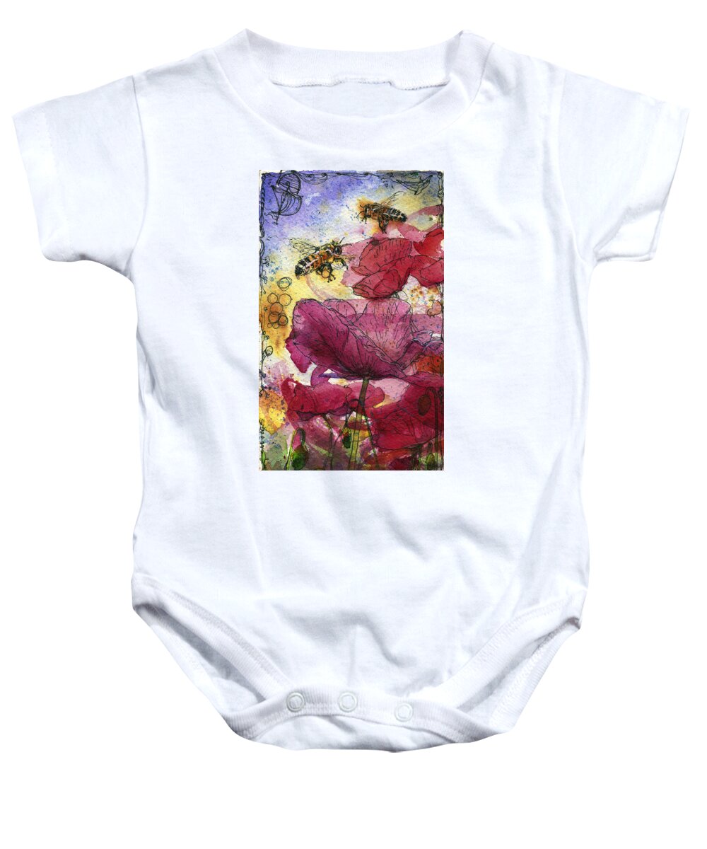 Bees Baby Onesie featuring the painting Wee Bees and Poppies by Petra Rau