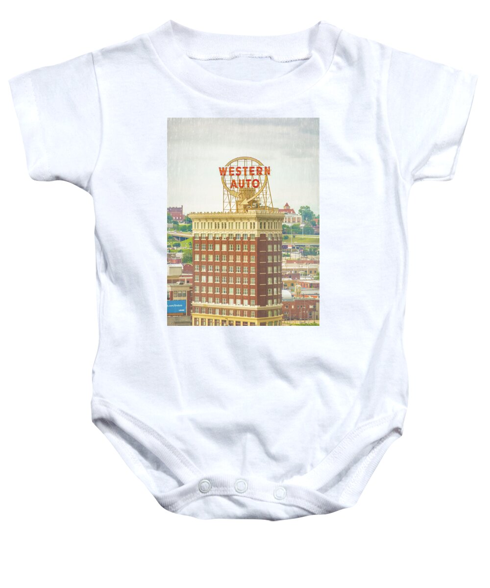Western Auto Building In Kansas City Baby Onesie featuring the photograph Western Auto by Pamela Williams