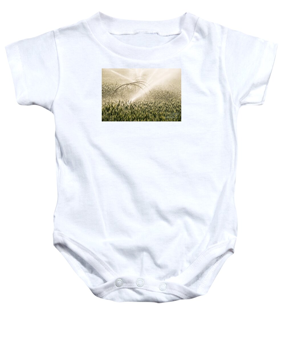 Agricultural Baby Onesie featuring the photograph Wheat Crop Being Irrigated in Central Oregon by Bryan Mullennix