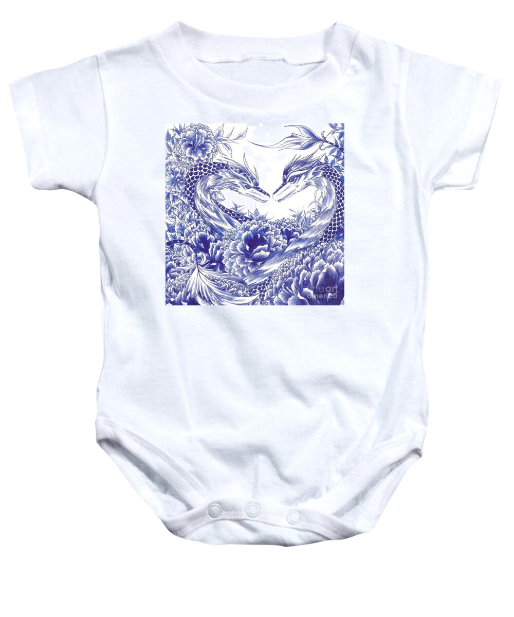 Dragon Baby Onesie featuring the drawing When Our Eyes Meet by Alice Chen