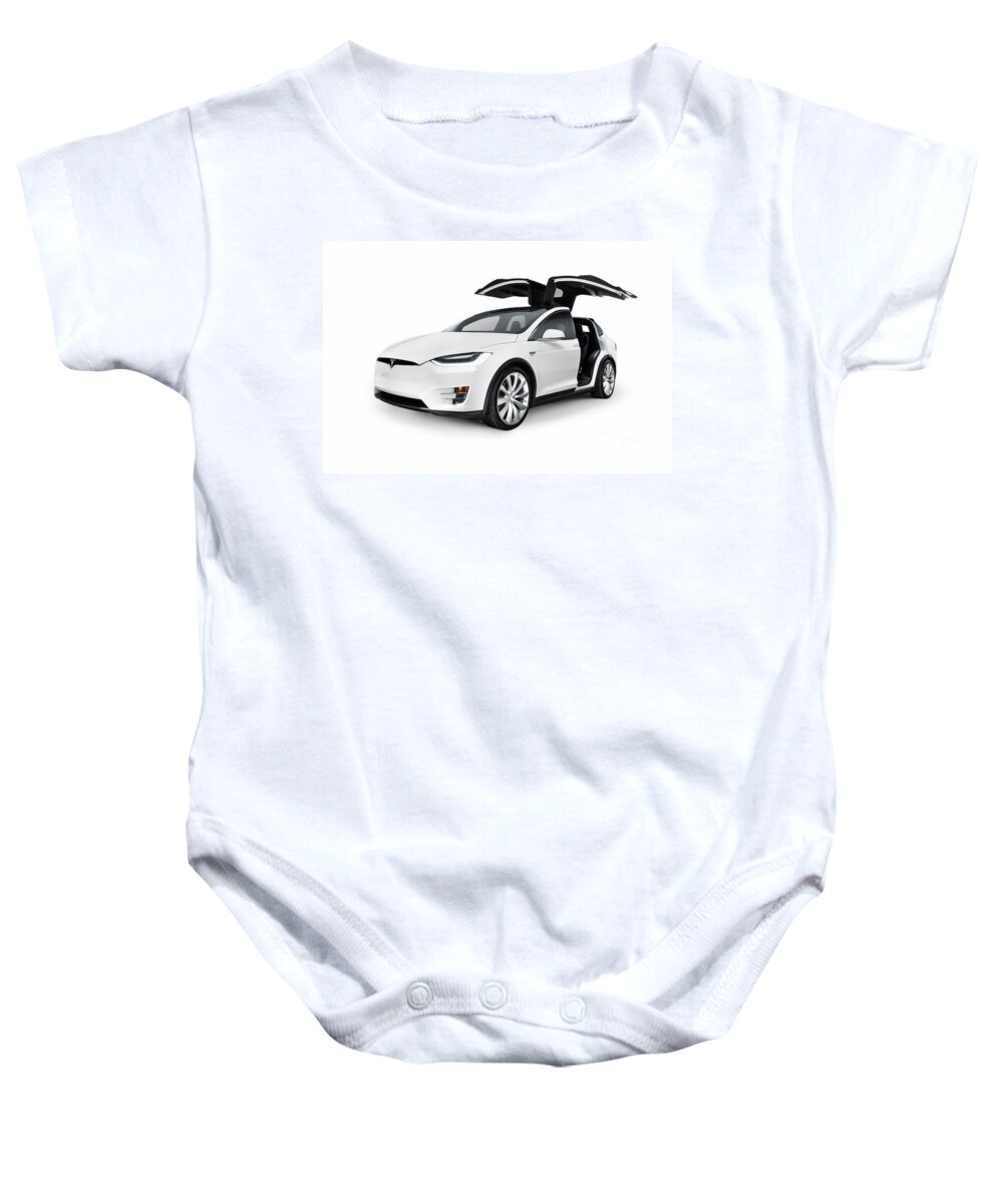 Tesla Baby Onesie featuring the photograph White 2017 Tesla Model X luxury SUV electric car with open falco by Maxim Images Exquisite Prints