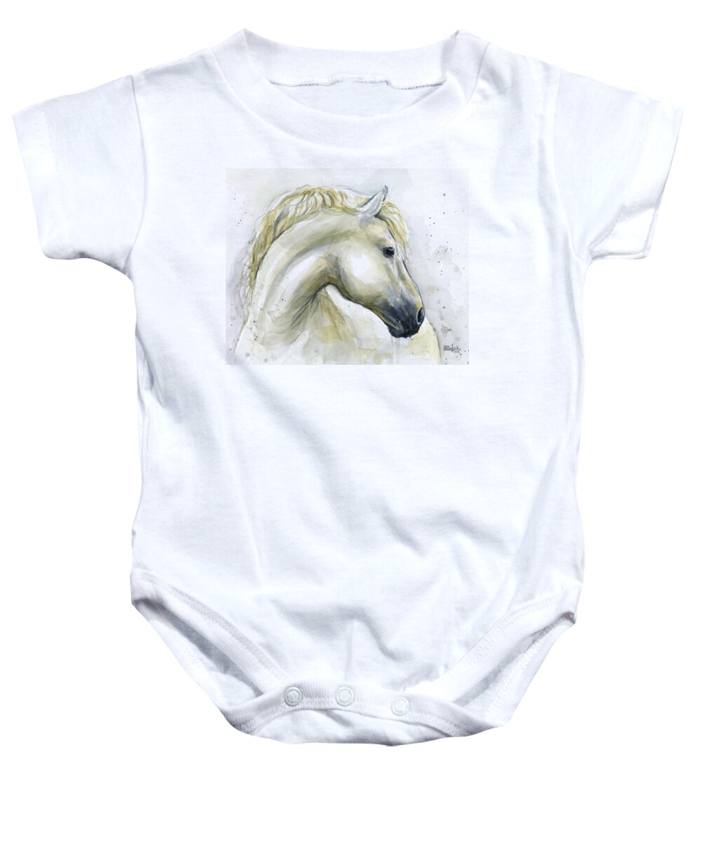 Stallion Baby Onesie featuring the painting White Horse Watercolor by Olga Shvartsur