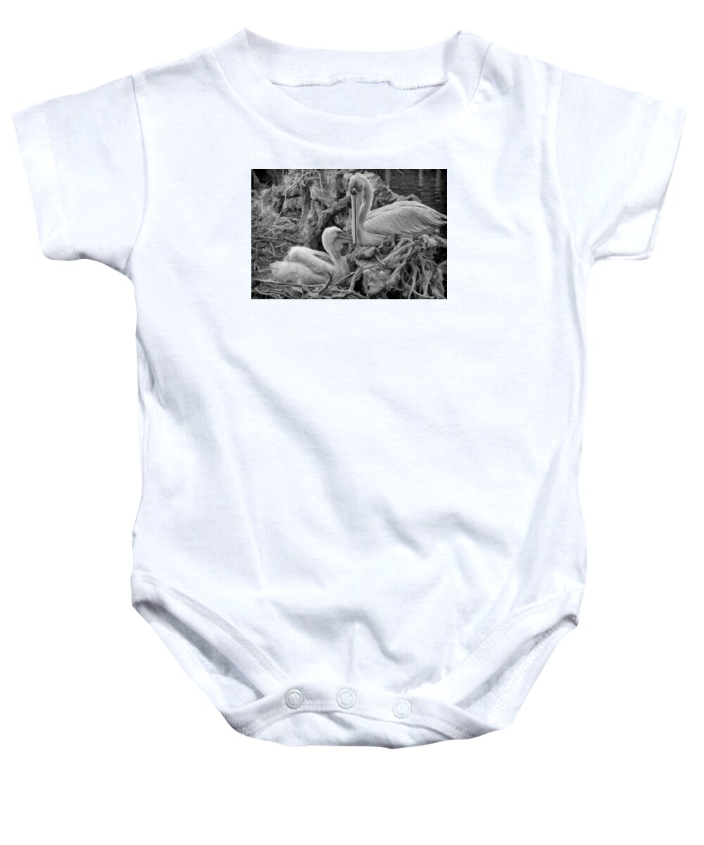 White Pelican Baby Onesie featuring the photograph White Pelican and Baby in Nest by Ginger Wakem