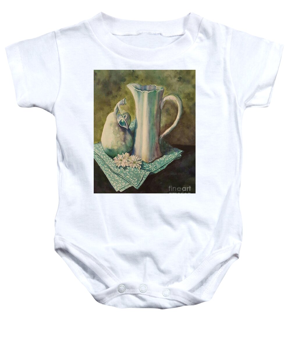 Pretty Art Baby Onesie featuring the painting Pitcher and Pear by Lisa Debaets