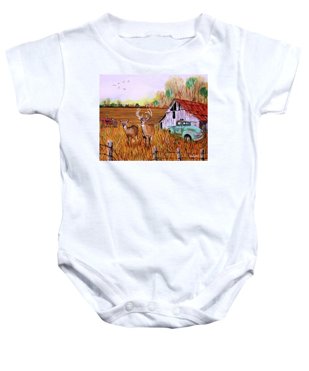 Whitetail Deer Baby Onesie featuring the painting Whitetail deer with Truck and Barn by Karl Wagner