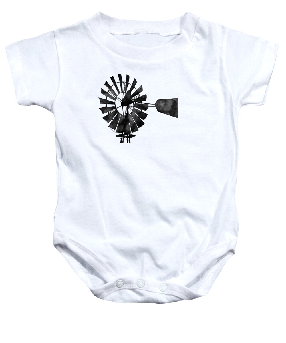 Windmill Baby Onesie featuring the painting Windmill in Black and White by Hailey E Herrera