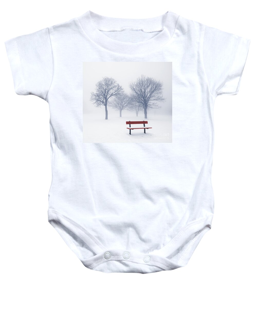 Trees Baby Onesie featuring the photograph Winter trees and bench in fog by Elena Elisseeva
