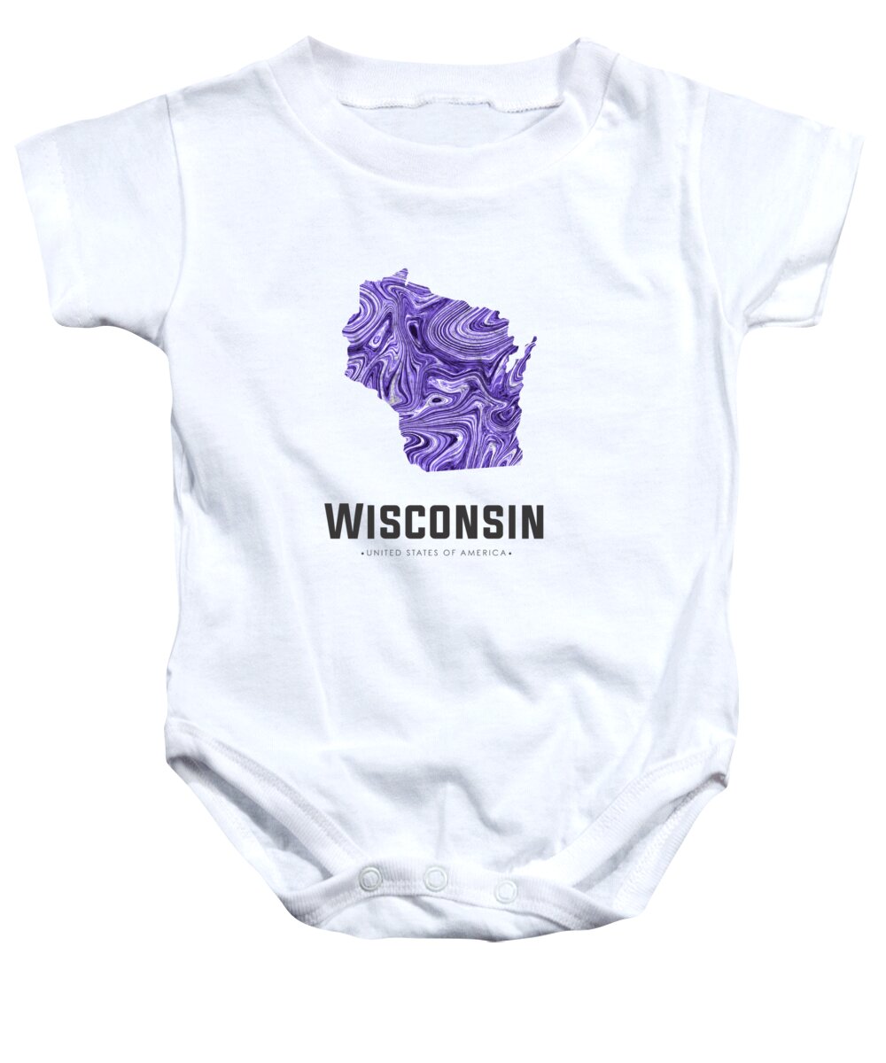 Wisconsin Baby Onesie featuring the mixed media Wisconsin Map Art Abstract in Violet by Studio Grafiikka