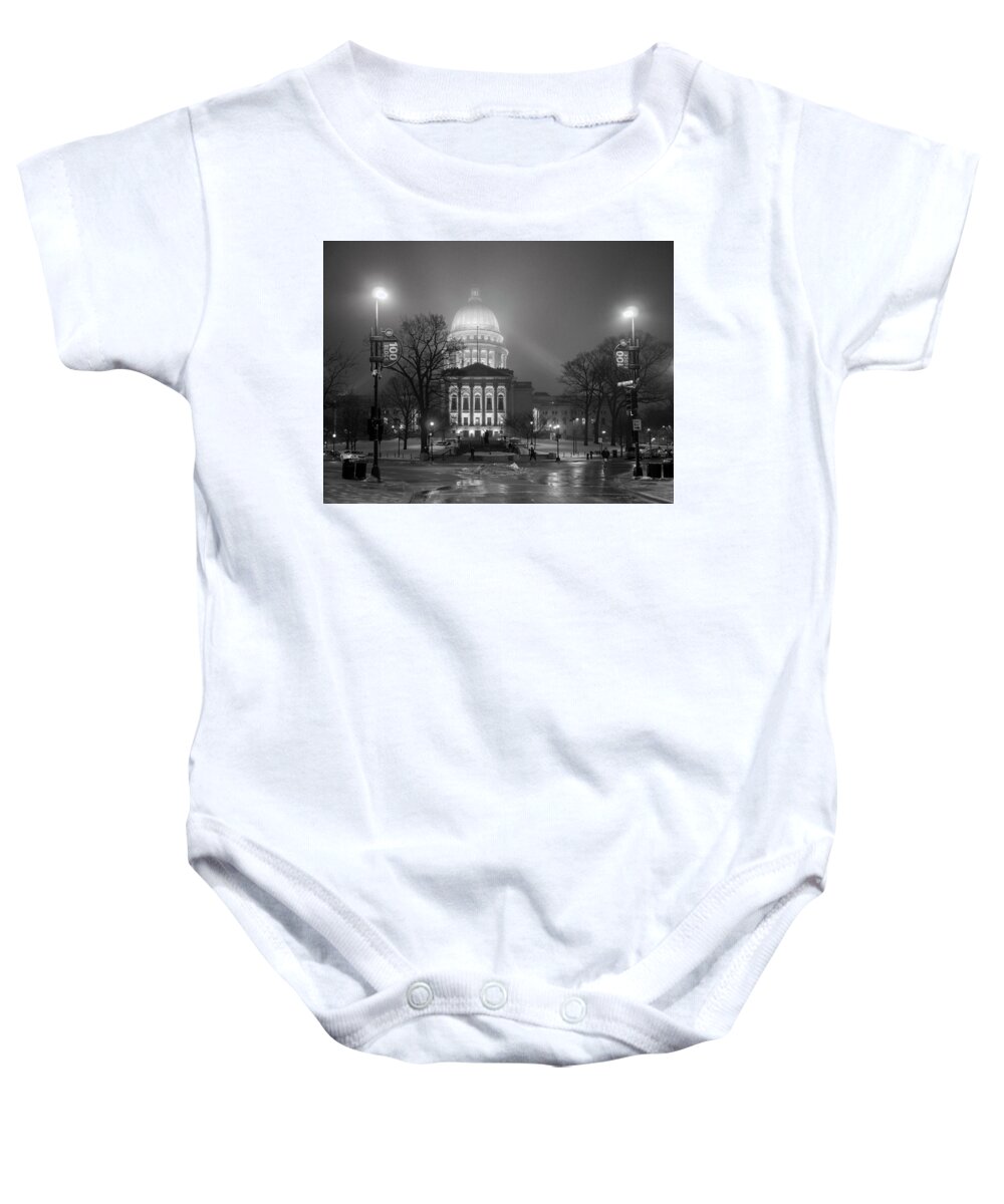 Wisconsin State Capitol Baby Onesie featuring the photograph Wisconsin State Capitol-Foggy Night by Todd Bannor