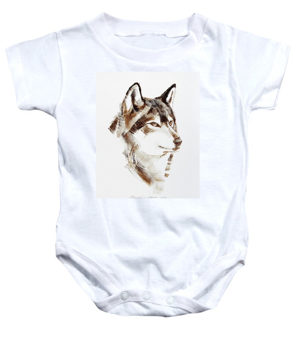 Wolf Baby Onesie featuring the painting Wolf Head Brush Drawing by Attila Meszlenyi