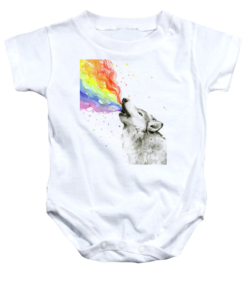 Watercolor Baby Onesie featuring the painting Wolf Rainbow Watercolor by Olga Shvartsur