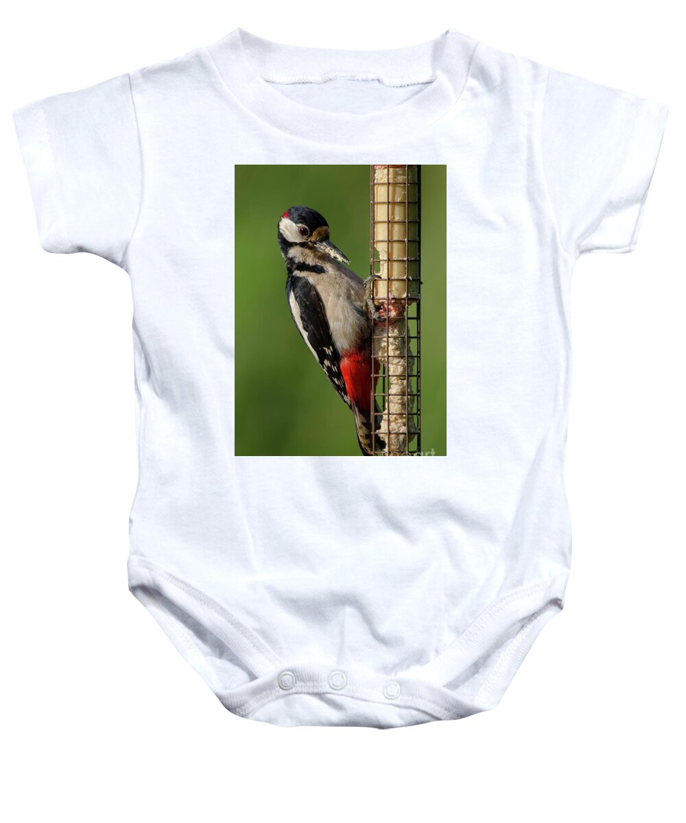Woodpecker Baby Onesie featuring the photograph Woodpecker on feeder by Steev Stamford