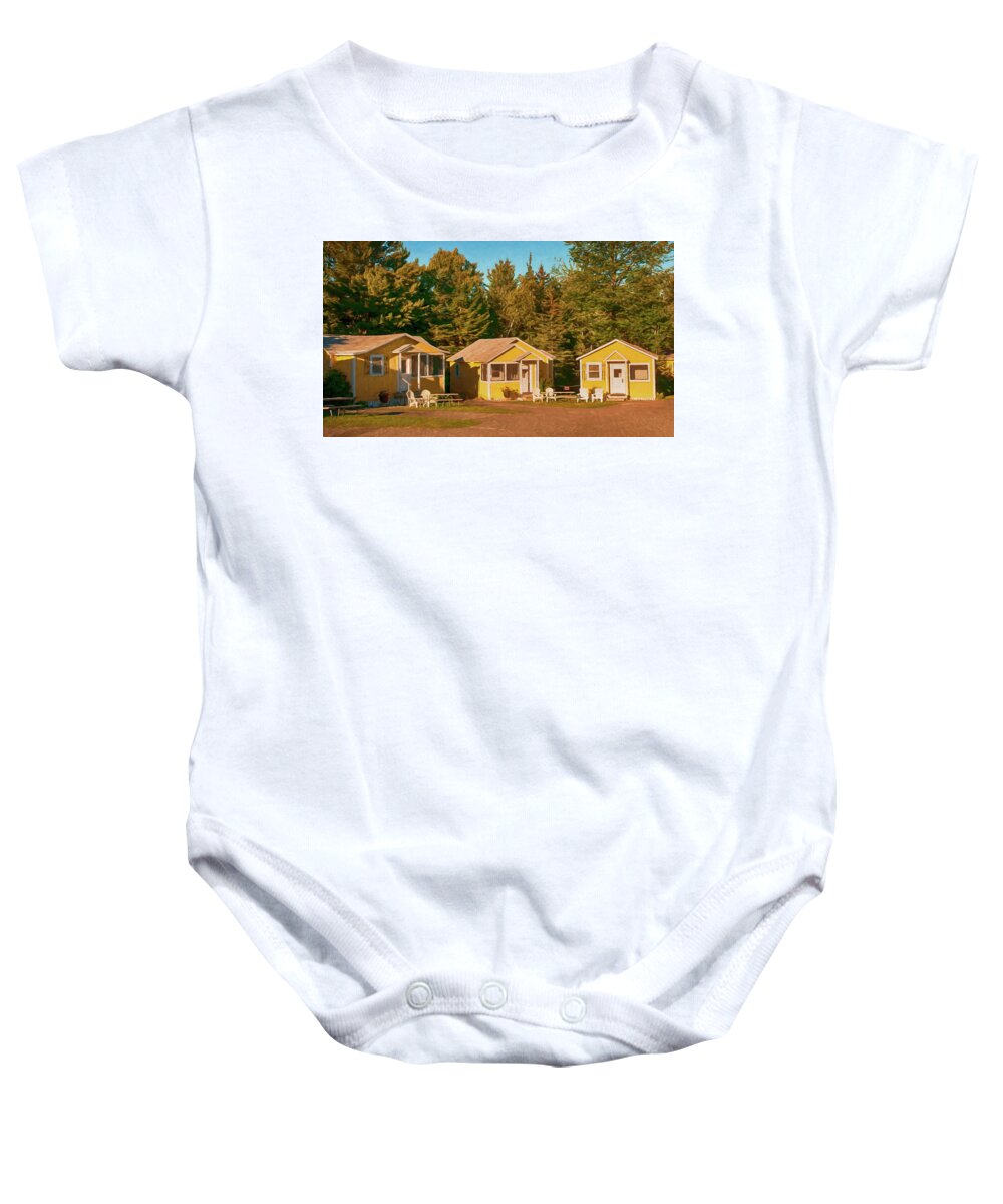 Bar Harbor Baby Onesie featuring the photograph Yellow Cabins by Mick Burkey