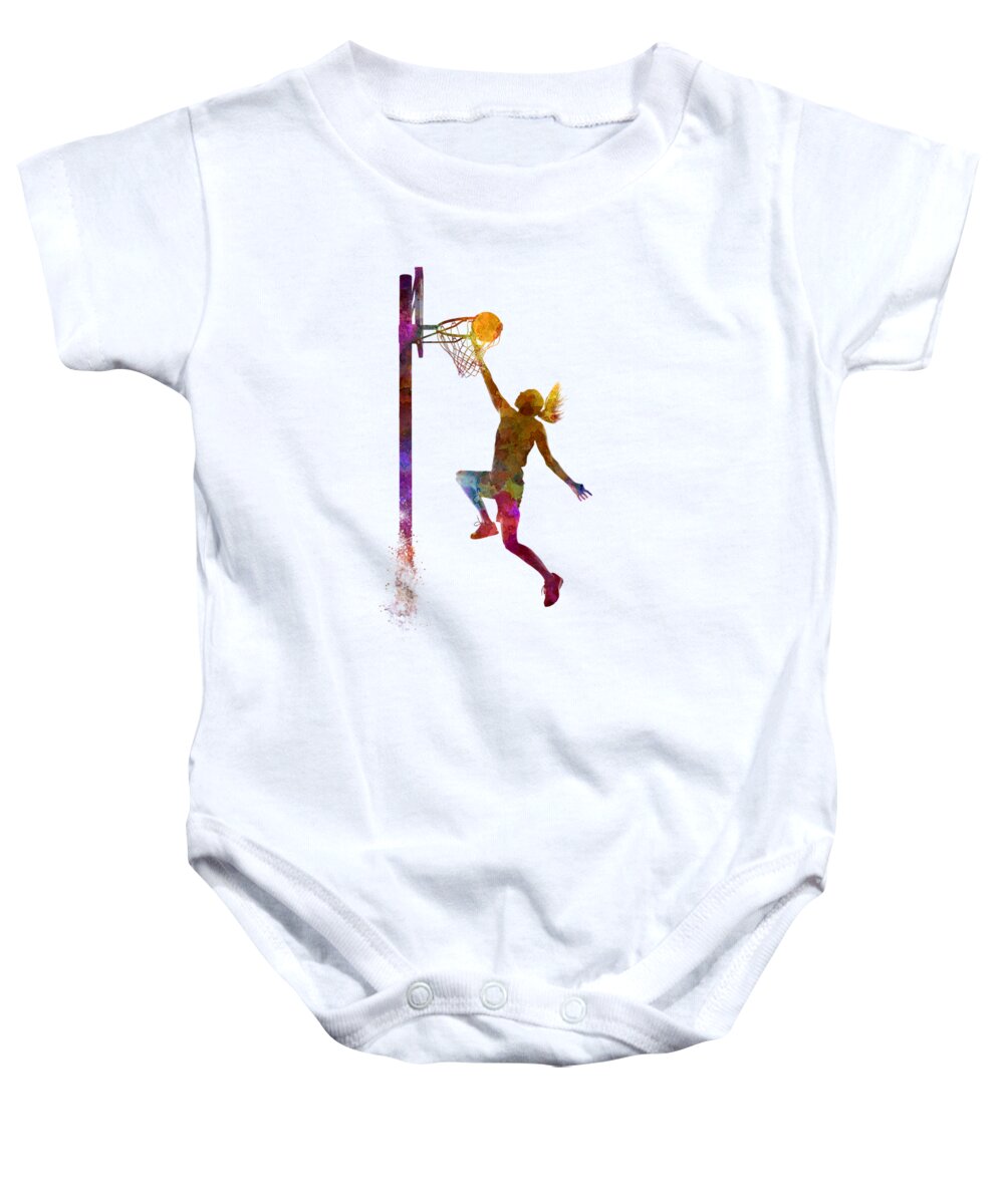 Young Woman Player In Watercolor Baby Onesie featuring the painting Young woman basketball player 04 in watercolor by Pablo Romero