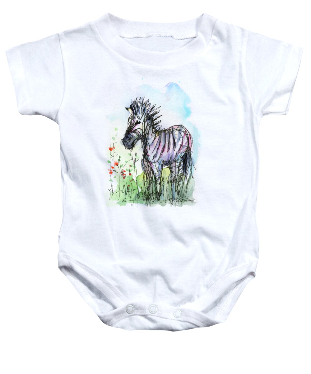 Zebra Baby Onesie featuring the painting Zebra Painting Watercolor Sketch by Olga Shvartsur