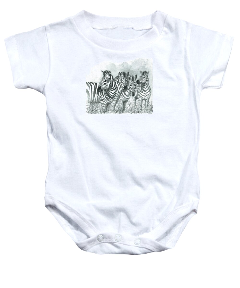 Zebras Baby Onesie featuring the drawing Zebra Quartet by Phyllis Howard