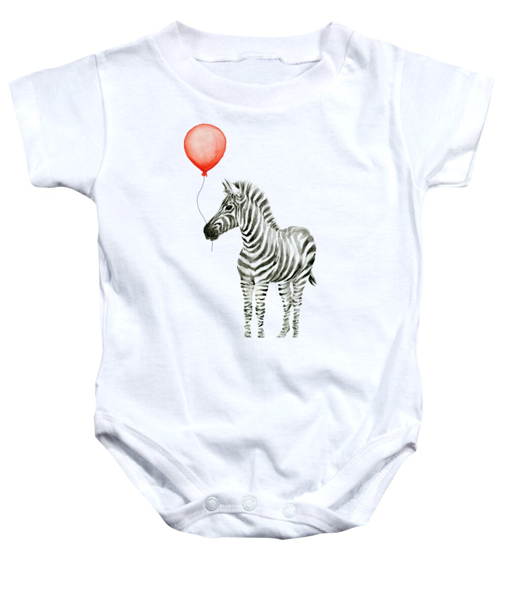 Zebra Baby Onesie featuring the painting Zebra with Red Balloon Whimsical Baby Animals by Olga Shvartsur