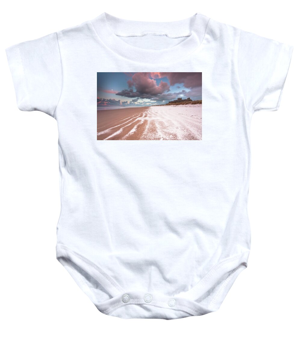 Landscape Baby Onesie featuring the photograph Fairy Tale Castle With Snow On The Beach #2 by Anita Nicholson