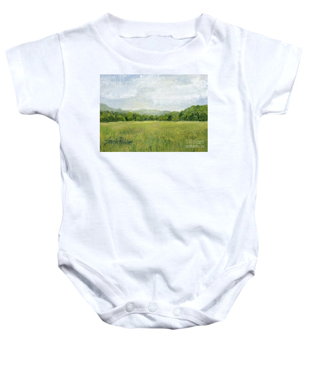 Pastures Baby Onesie featuring the painting Fields Meet Mountains by Laurie Rohner