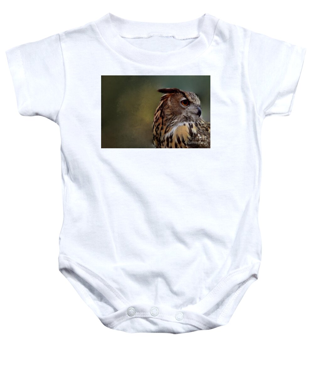 Great Horned Owl Baby Onesie featuring the photograph Hoo Goes There by Kathy Kelly