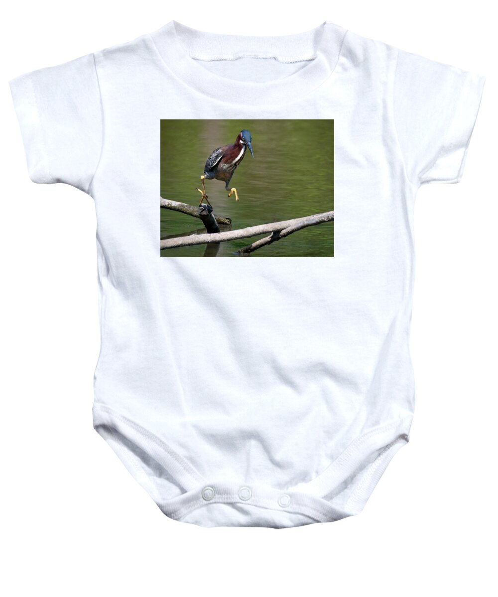 Heron Baby Onesie featuring the photograph Heron Hop #1 by Art Cole