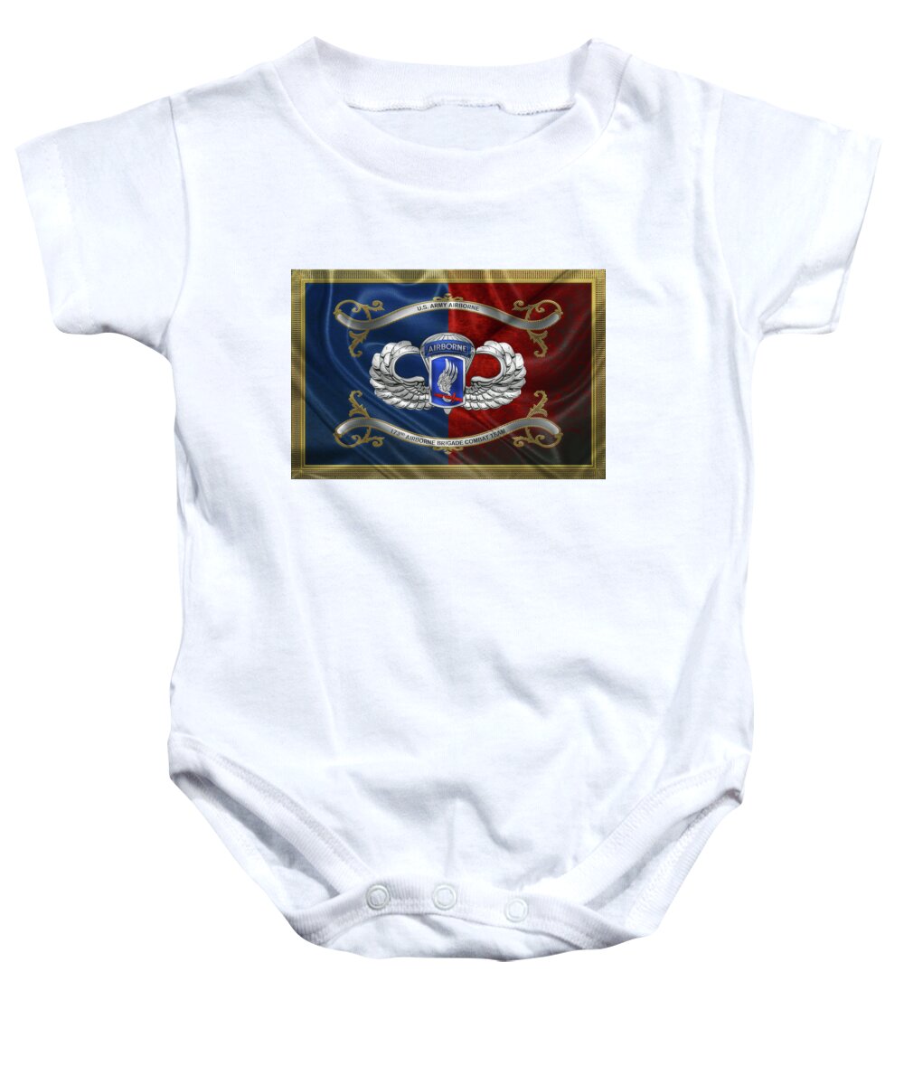 Military Insignia & Heraldry By Serge Averbukh Baby Onesie featuring the digital art 173rd Airborne Brigade Combat Team - 173rd A B C T Insignia with Parachutist Badge over Flag by Serge Averbukh
