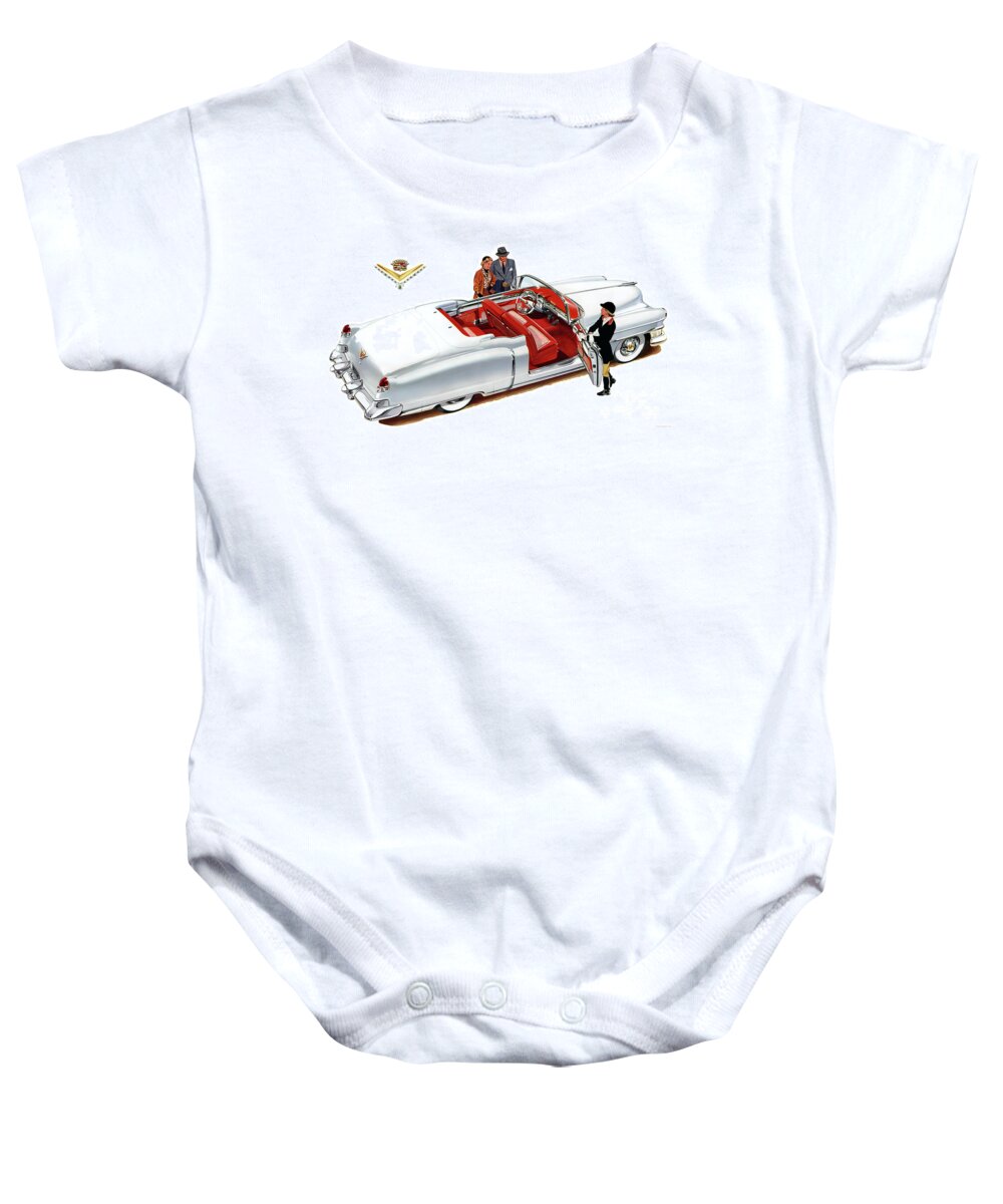 Vintage Baby Onesie featuring the mixed media 1954 Cadillac Convertible Advertisement With Fashion Models by Retrographs