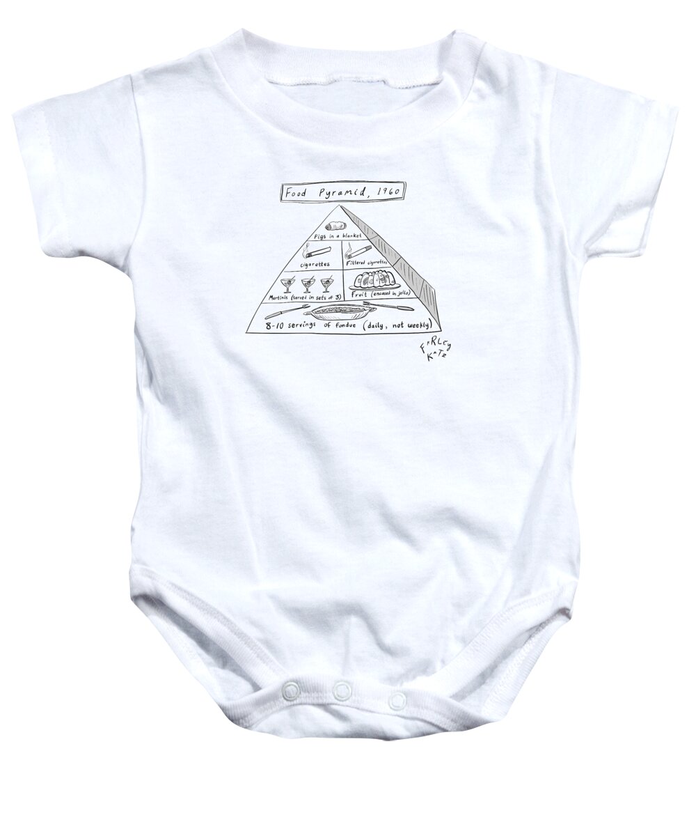  Food Pyramid Baby Onesie featuring the drawing 1960s Food Pyramid by Farley Katz