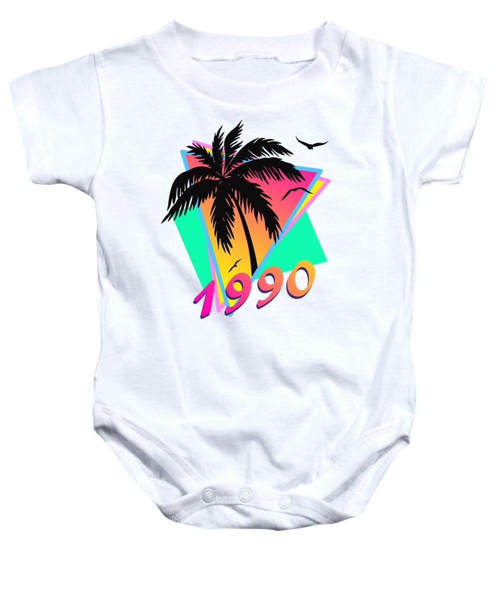 This Cool Design Features Classic Vintage 80s Style Summer Sunset Pop Art Inspired By Retro Vhs Tapes Of Famous Tv Shows And Movie Posters. A Palm Tree By The Ocean And Seagulls In Front Of The Glow Of The Sun. This Colorful Print In Yellow Baby Onesie featuring the digital art 1990 Cool Tropical Sunset by Filip Schpindel