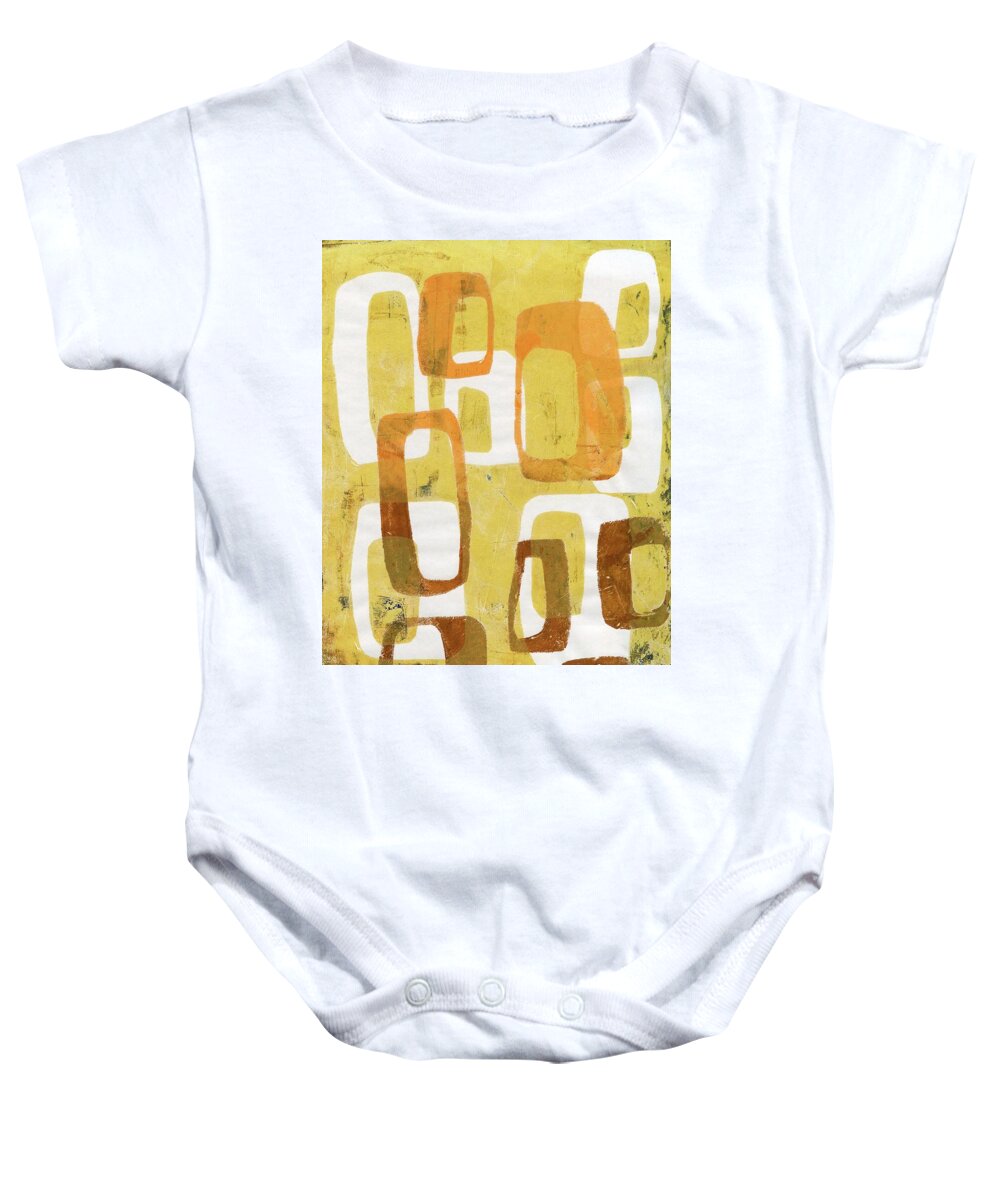 Mod Baby Onesie featuring the painting Abstract Mod Orange Brown Yellow Gelli by Jane Linders
