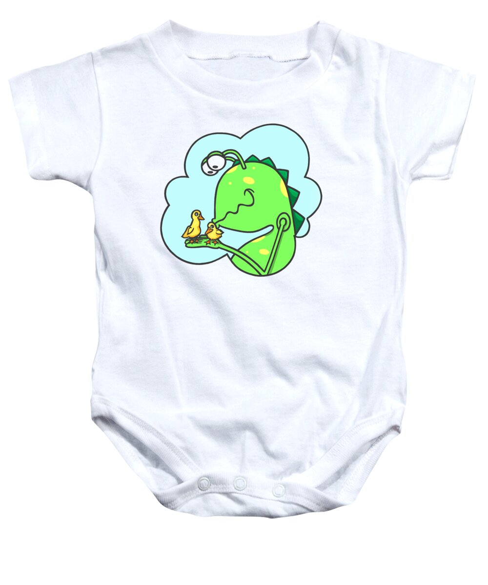 Duck Baby Onesie featuring the digital art Monster kissing ducklings by Konni Jensen